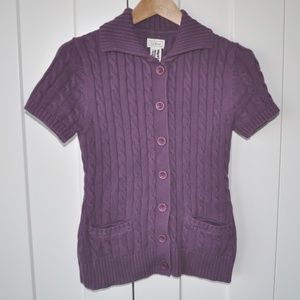 L.L. Bean Women's Purple Short-Sleeve Cable-Knit Cardigan Sweater
